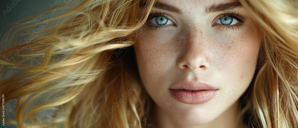 An elegant beauty portrait of a woman with flowing blonde hair, her gentle gaze exuding natural allure and grace An elegant beauty portrait of a woman with flowing blonde hair, her gentle gaze exuding natural allure and grace