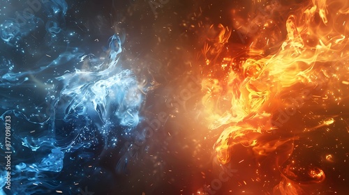 Dynamic Abstract Art of Fire and Water Elements in a Fiery and Icy Battle with Sparks and Smoke