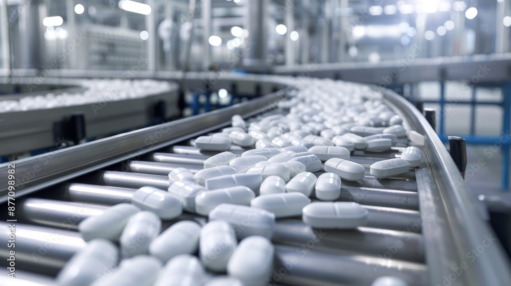 Obraz premium White capsules on conveyor in pharmaceutical facility for quality control and batch consistency