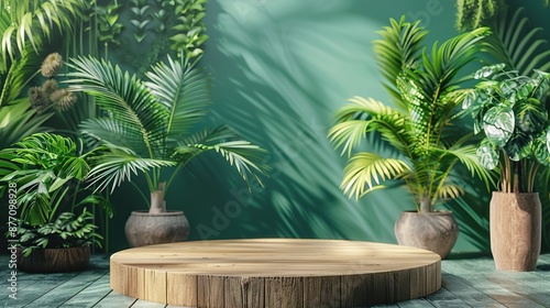 Wooden podium with tropical plants background for product presentation © KhaizanGraphic