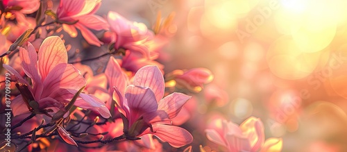 Beautiful blooming Magnolia Susan flowers with large pink petals in a spring garden setting. Selective focus enhances the nature theme of the copy space image. © HN Works