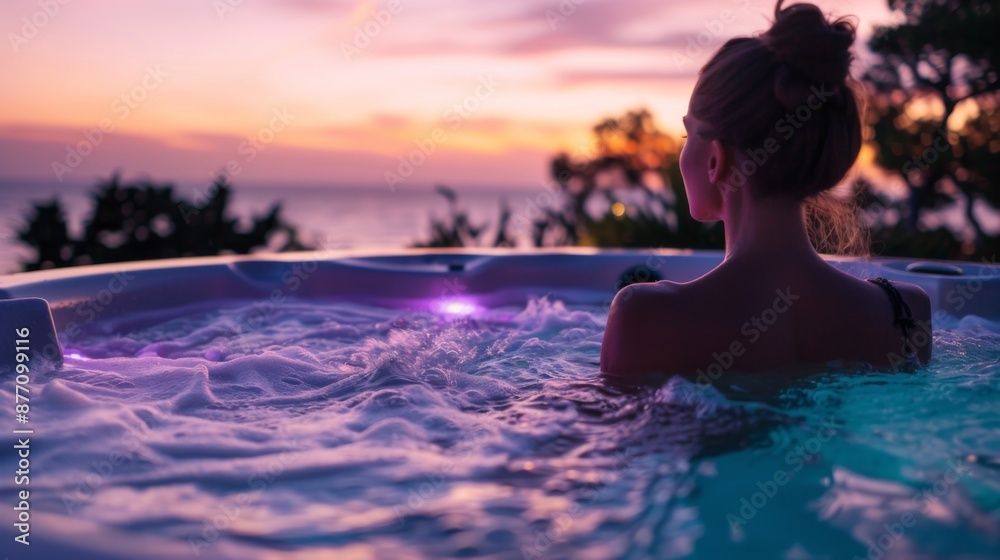 A woman luxuriates in a hot tub during sunset, surrounded by scenic landscapes and lush greenery, radiating tranquility, peace, and the bliss of the moment. A woman luxuriates in a hot tub during sunset, surrounded by scenic landscapes and lush greenery, radiating tranquility, peace, and the bliss of the moment.
