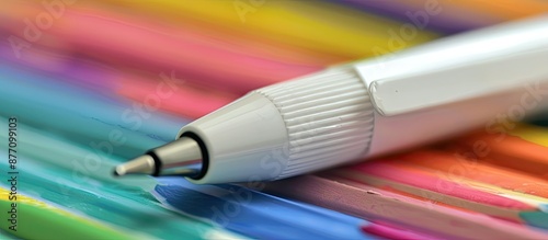 Close-up of a white ballpoint pen amid school supplies with copy space image. photo