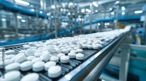 Pharmaceutical facility  white capsules on conveyor display quality control and batch consistency photo