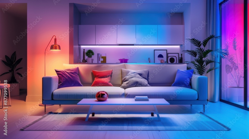 Smart lighting creating ambiance in a living room, dynamic and adjustable. Smart lighting creating ambiance in a living room, dynamic and adjustable.