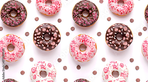 various doughnuts on transparent background. Delicious glazed donuts pattern on a white background. Collection of donuts isolated on white background,