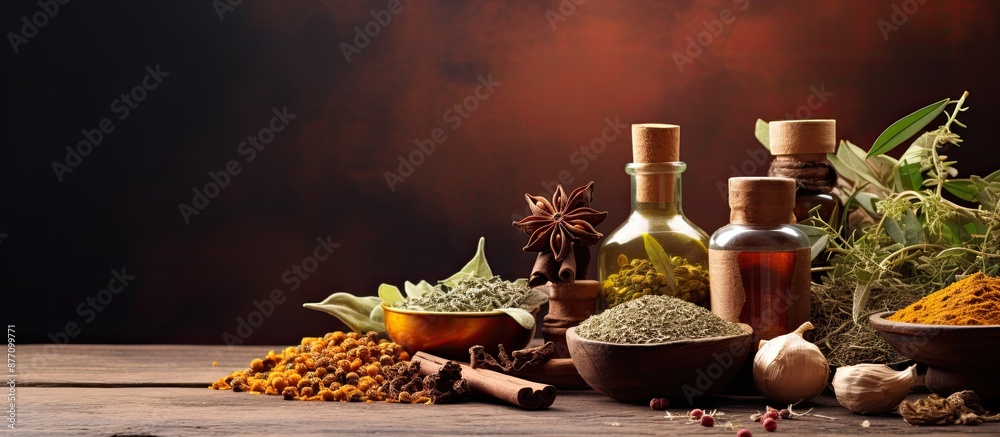 Ayurvedic medicine theme displayed in a close-up copy space image.