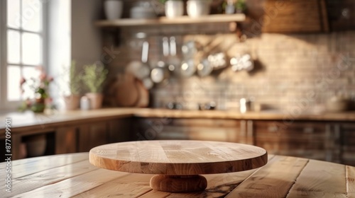 A wooden round board rests on a rustic kitchen countertop, with shelves, pots, and a sunny window in the background, creating a cozy and homely kitchen atmosphere.