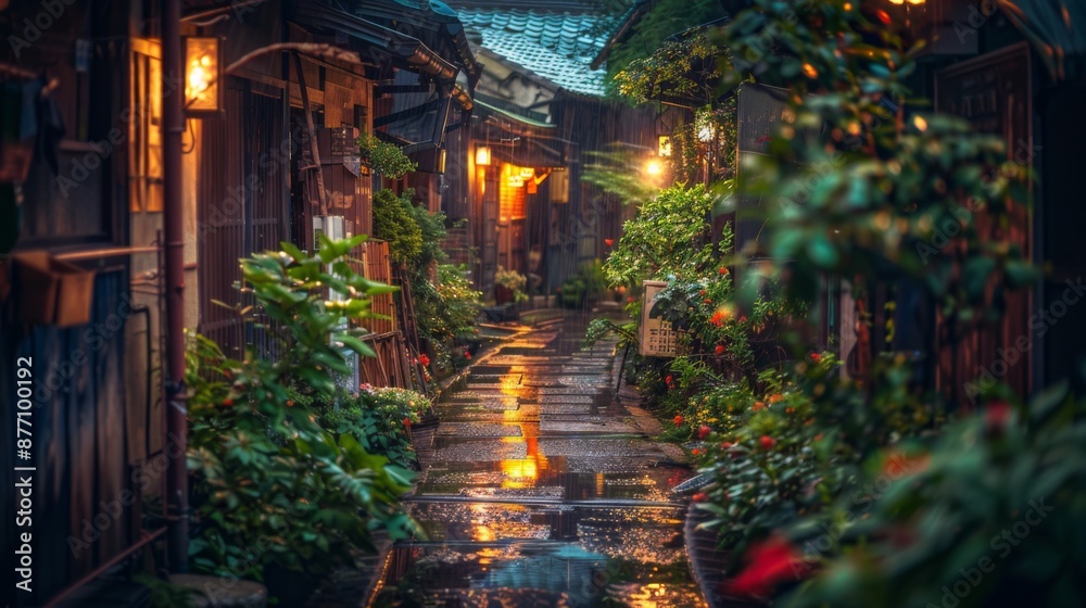 Fototapeta premium A narrow Japanese street, adorned with lush plants and warmly lit lanterns, reflecting on wet pavement, creating a serene and enchanting night-time ambiance.
