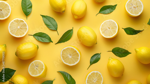Group of Lemons With Leaves on Yellow Background. Fresh lemons with leaves on a vibrant yellow background. A ripe lemon surrounded by some lemon slices
