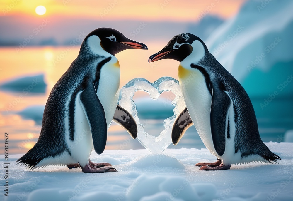 Obraz premium Penguins in Love Cuddle Amidst Winter Wonderland