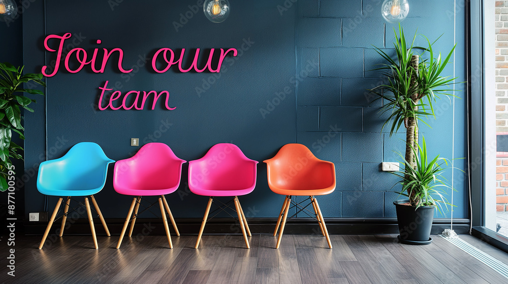 Join our team concept image with chairs to welcome potential newcomers inside the company and recruit them with pink message