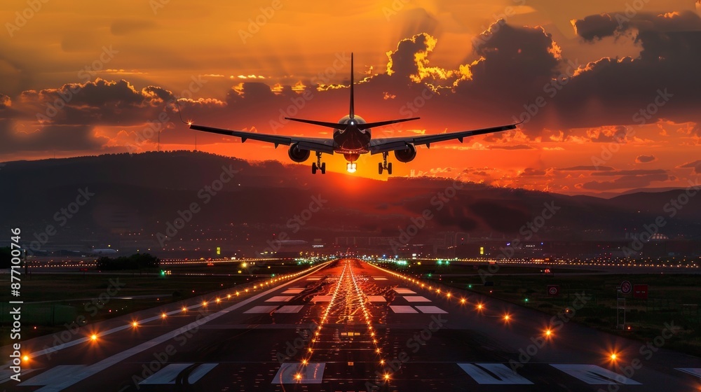 Airplane Landing at Sunset Over Airport Runway Airplane Landing at Sunset Over Airport Runway