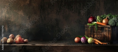 Fresh seasonal vegetables like artichokes, potatoes, onions, zucchini, and carrots in a wooden box for home delivery of farm products. The banner features a copy space image. photo