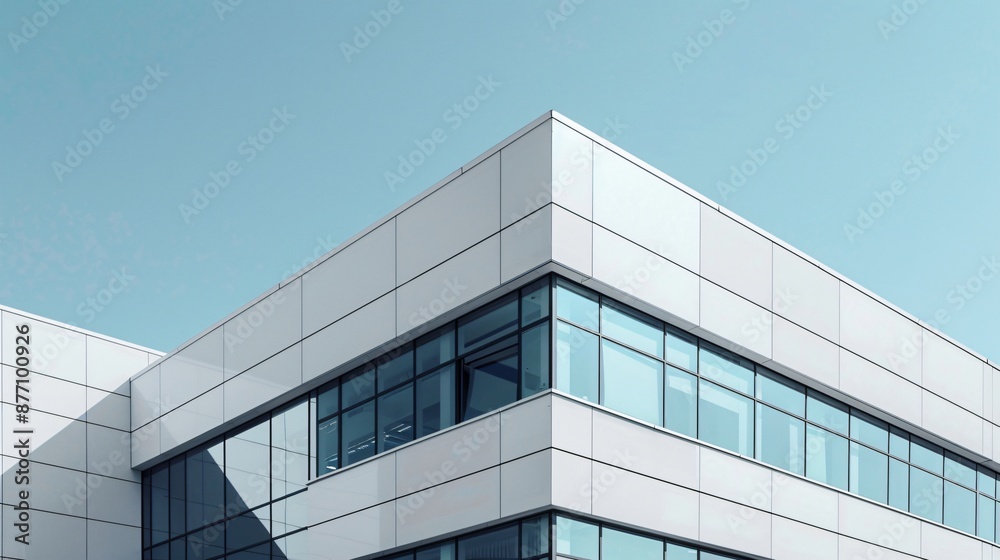 A sleek, modern factory building with clean lines and a simple color palette against a clear sky A sleek, modern factory building with clean lines and a simple color palette against a clear sky