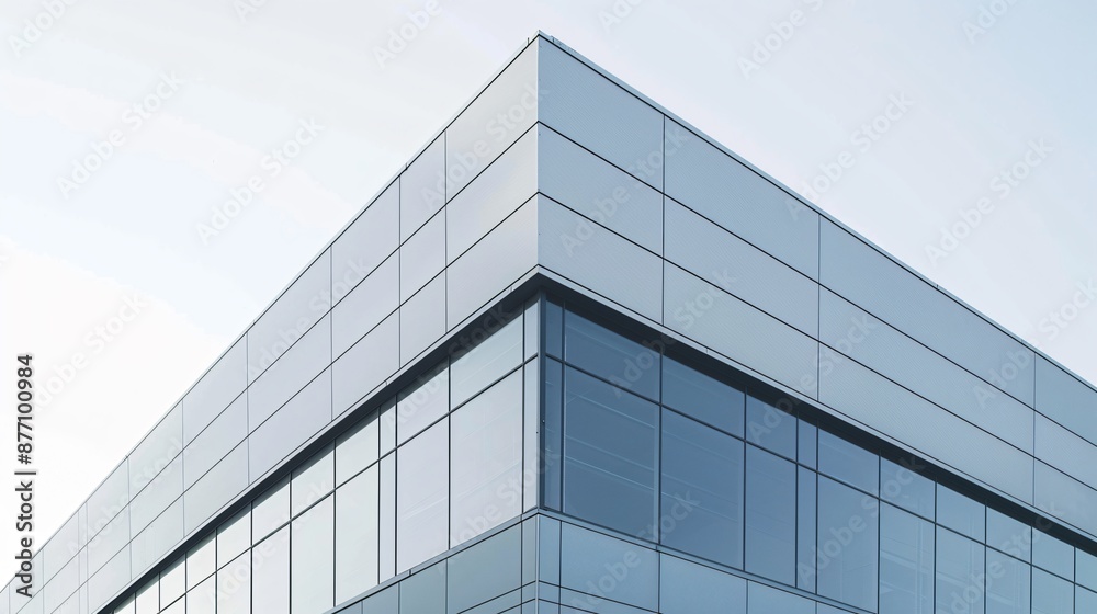 A sleek, modern factory building with clean lines and a simple color palette against a clear sky A sleek, modern factory building with clean lines and a simple color palette against a clear sky