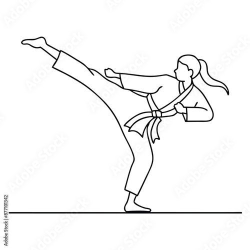 a female karateka practicing karate.  line art vector illustration isolated on a white background