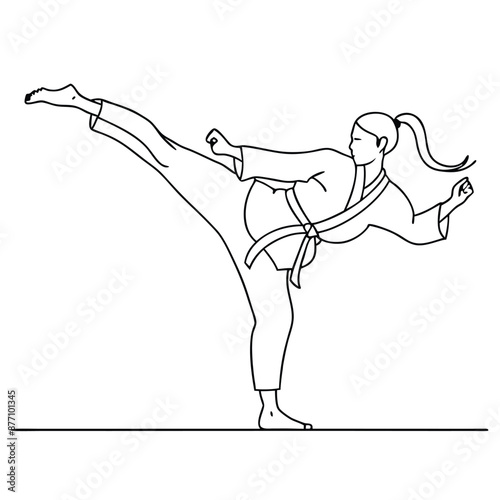 a female karateka practicing karate.  line art vector illustration isolated on a white background
