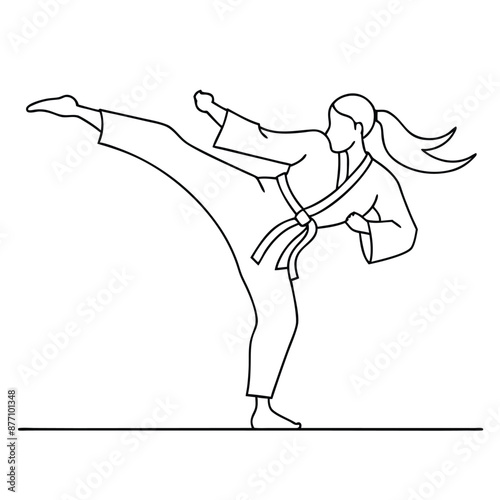 a female karateka practicing karate.  line art vector illustration isolated on a white background
