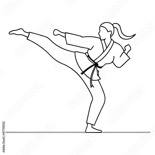 a female karateka practicing karate.  line art vector illustration isolated on a white background