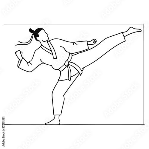 a female karateka practicing karate.  line art vector illustration isolated on a white background