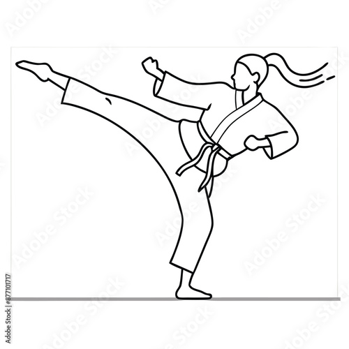 a female karateka practicing karate.  line art vector illustration isolated on a white background