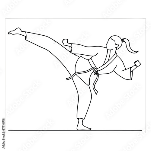 a female karateka practicing karate.  line art vector illustration isolated on a white background