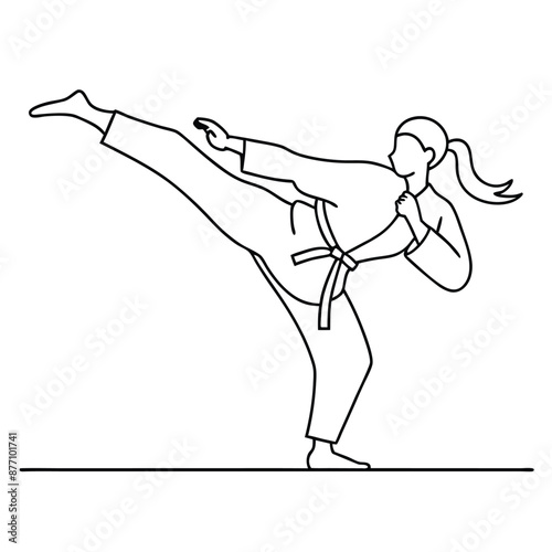 a female karateka practicing karate.  line art vector illustration isolated on a white background