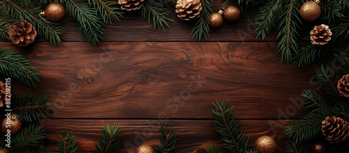 A background of brown brushed wood with glittering shiny toy balls on fir and spruce pine branches, providing a copy space image.