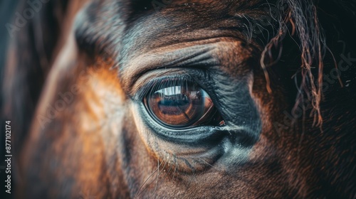  A tight shot of a horse's eyeball, framed against its brown and black head in the background