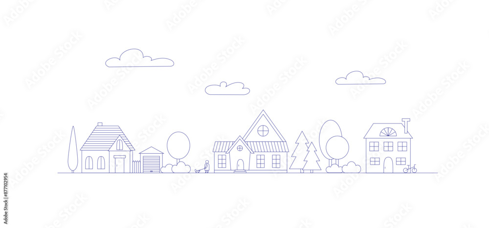 A line art of suburban street with nice houses trees and bicycle, bike. Simple vector design A line art of suburban street with nice houses trees and bicycle, bike. Simple vector design