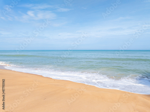 Fototapeta Naklejka Na Ścianę i Meble -  Empty tropical beach and seascape,Amazing sand on beach and blue summer sky background,Aerial view beach for travel background