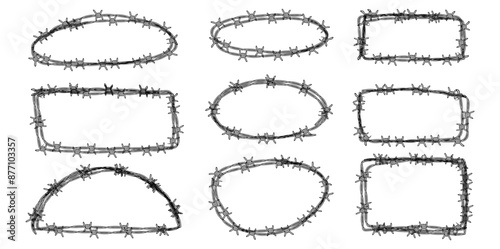 Set of barbed wire frames with different shapes. Concept of protection, danger or security. Hand drawn in sketch style