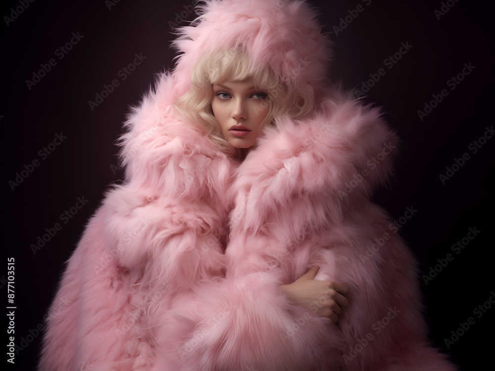 Fashion editorial Concept. Stunning beautiful woman in pastel pink luxury fancy chic luxurious impeccable fur coat and blond hair. illuminated dynamic composition dramatic lighting. copy text space