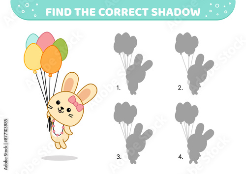 Find the correct shadow. Girl bunny flying by balloons. Shadow matching game. Cartoon, vector.