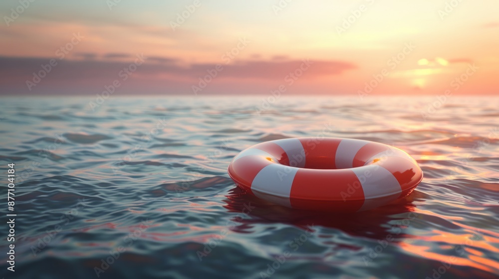 Naklejka premium Lifebuoy Floating on the Calm Ocean at Sunset