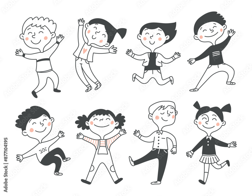 Isolated set of cute active children jumping and happy. Boys and girls. Doodle vector illustration Isolated set of cute active children jumping and happy. Boys and girls. Doodle vector illustration