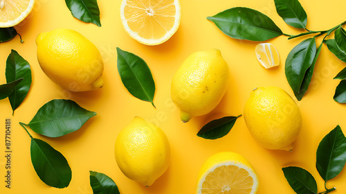 Lemons and lemons with green leaves on a yellow background. Summer composition made from oranges, lemon and green leaves on pastel yellow background. Fruit minimal concept. 