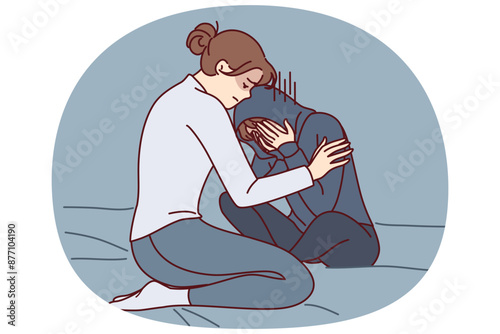 Mother consoles crying daughter who is depressed due to peer problems or poor school performance. Caring woman hugging and consoles crying girl after argument or house arrest related to bad behavior