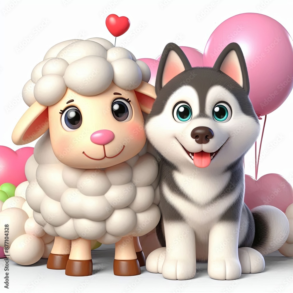 Fototapeta premium Cute Sheep And Husky Dog Together Cartoon 3d Generative AI