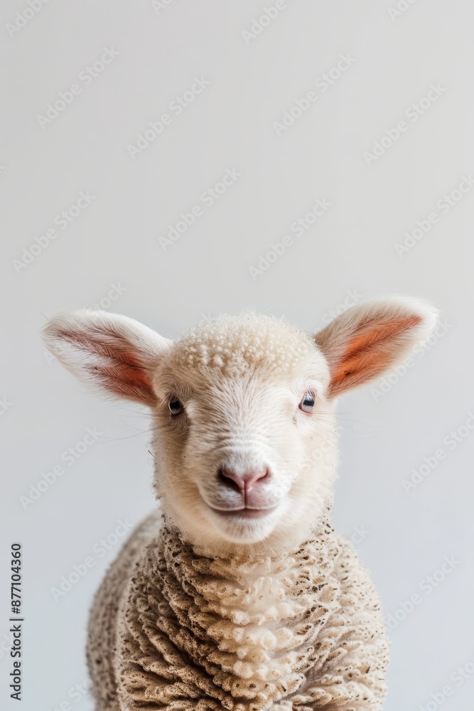 Fototapeta premium Close-up of a sheep's face against a white backdrop, softly focused on its head