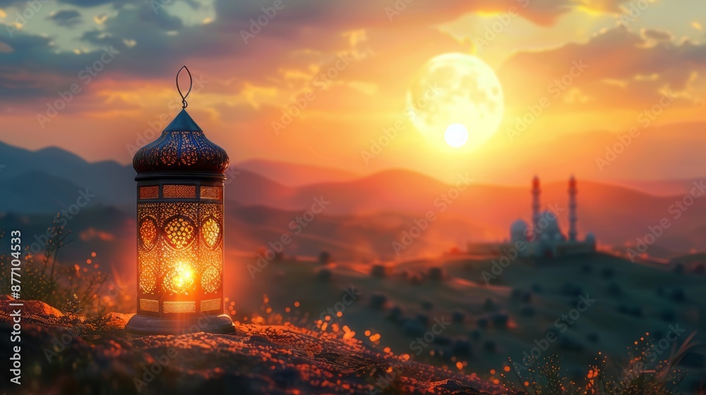Decorative lantern glowing at sunset with a mosque in the background