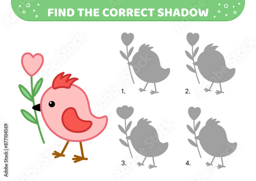 Find the correct shadow. Pink nestling with flower. Shadow matching game. Cartoon, vector