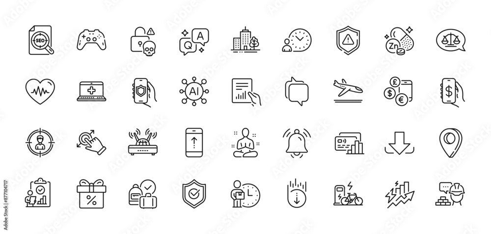 Document, Notification bell and Gamepad line icons pack. AI, Question and Answer, Map pin icons. Arrivals plane, Money app, Security app web icon. Vector