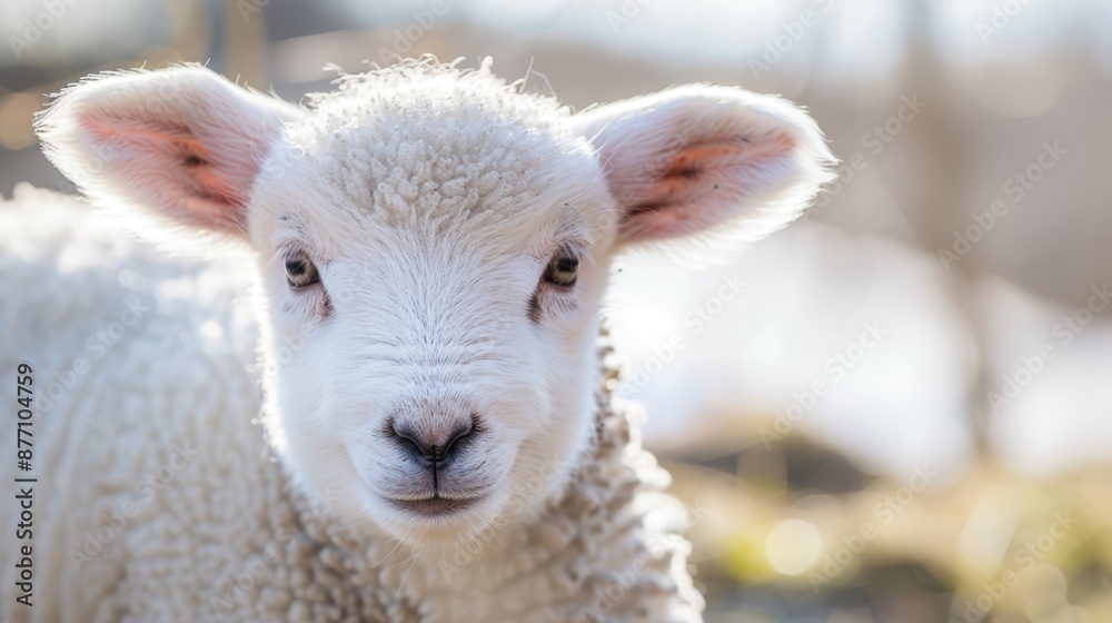 A tight shot of a sheep's face with a softly blurred backdrop of grass and trees A tight shot of a sheep's face with a softly blurred backdrop of grass and trees