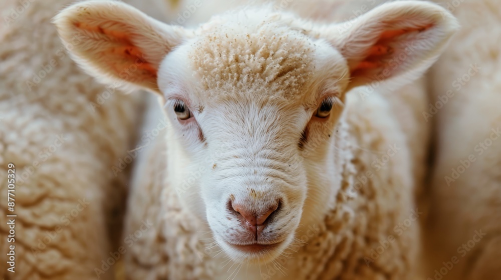 Fototapeta premium A tight shot of a sheep's face among a cluster of other sheep in a zoo pen