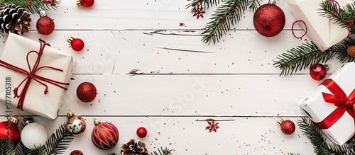 Festive Christmas gifts placed on a white wooden table with decorations, creating a New Year's composition with copy space image. photo