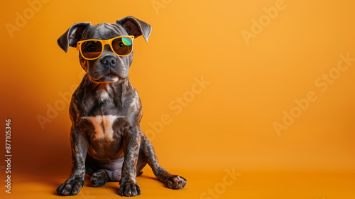 full body shot, a anthropic dog sitting, wearing sunglasses, in solid orange backdrop photo