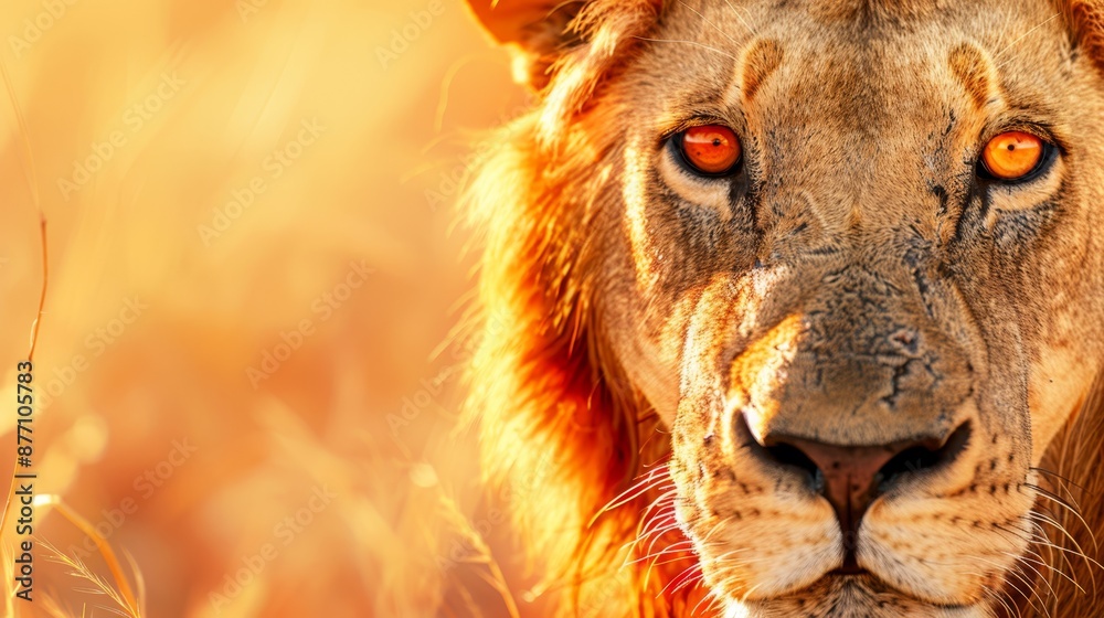 Fototapeta premium A tight shot of a lion's face, its bright orange eyes gleaming, amidst a sea of tall, dried grasses