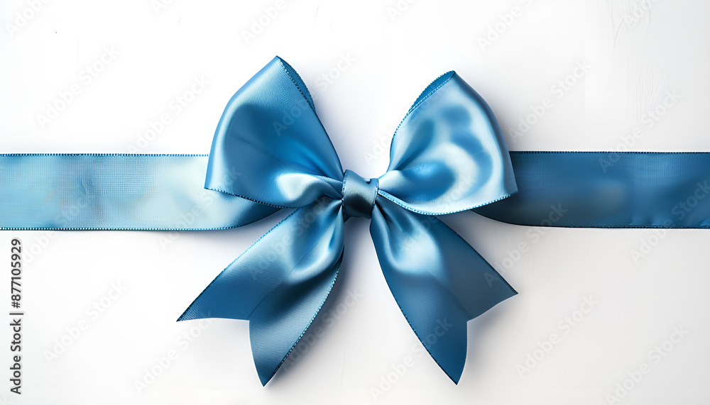 Blue satin ribbon and bow on white background, top view Blue satin ribbon and bow on white background, top view
